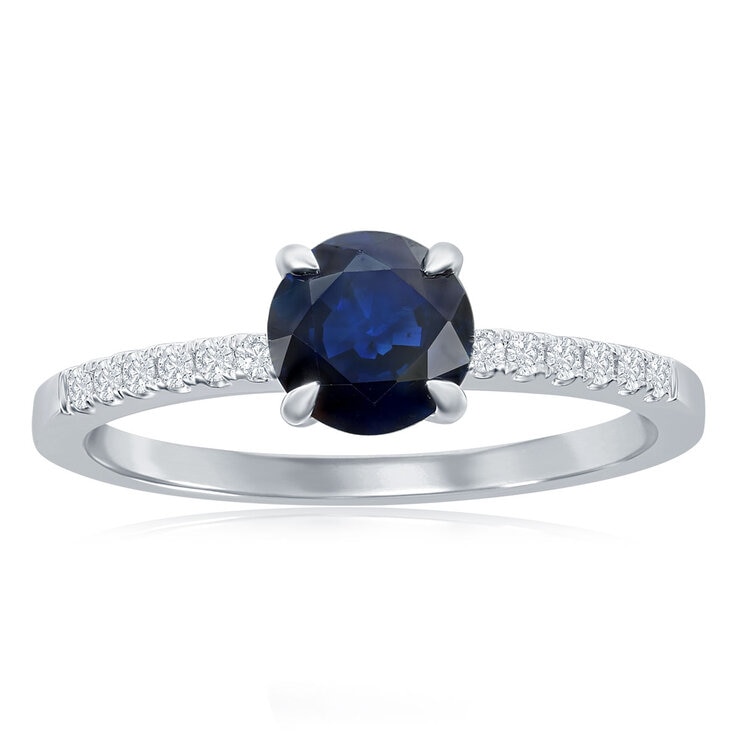 Anillo de Zafiro Azul con Diamantes 0.10ctw, Oro Blanco de 14K Anillo de Zafiro Azul con Diamantes 0.10ctw, Oro Blanco de 14K