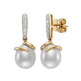 Aretes de Perlas Cultivadas, 9-10mm, con Diamantes .08ctw, Oro Dos Tonos de 14K Aretes de Perlas Cultivadas, 9-10mm, con Diamantes .08ctw, Oro Dos Tonos de 14K