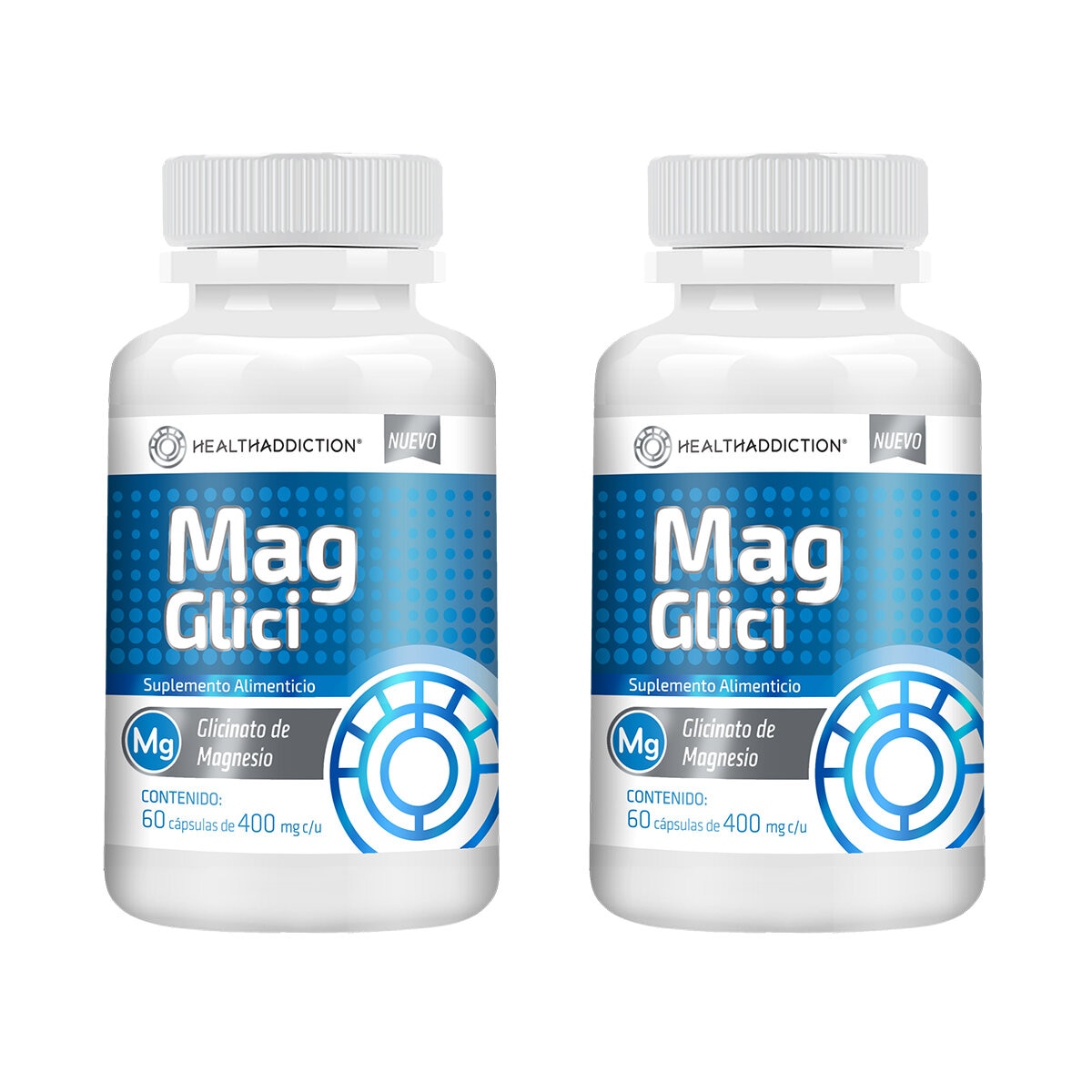 Healthaddiction Mag Glici Glicinato de Magnesio 2 Frascos de 60 Cápsulas c/u