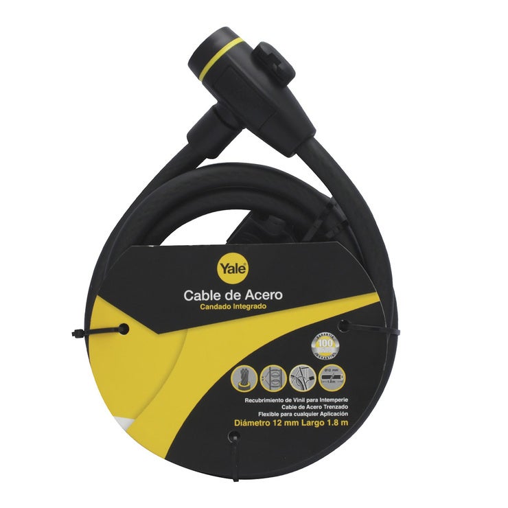 Yale, Cable de Acero con Candado y Llaves 12x1800 mm Yale, Cable de Acero con Candado y Llaves 12x1800 mm