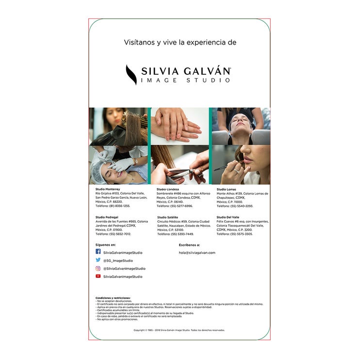 Silvia Galvan Image Studio, 4 certificados de $500 Silvia Galvan Image Studio, 4 certificados de $500