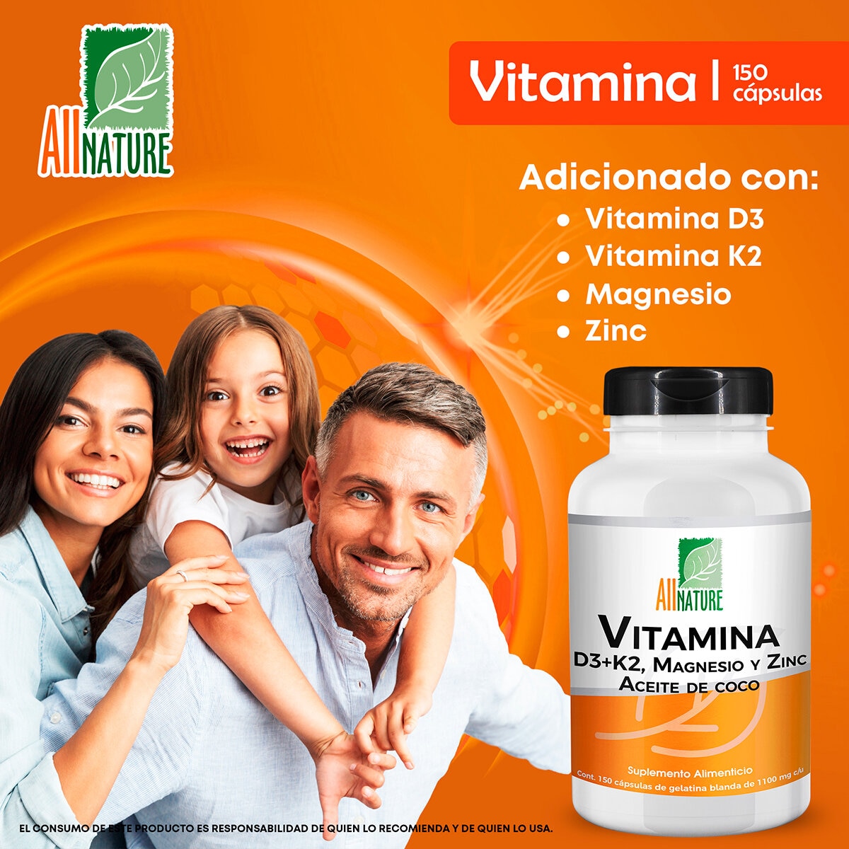 All Nature Vitamina D3+k2 Magnesio Zinc y Aceite de Coco 150 cápsulas