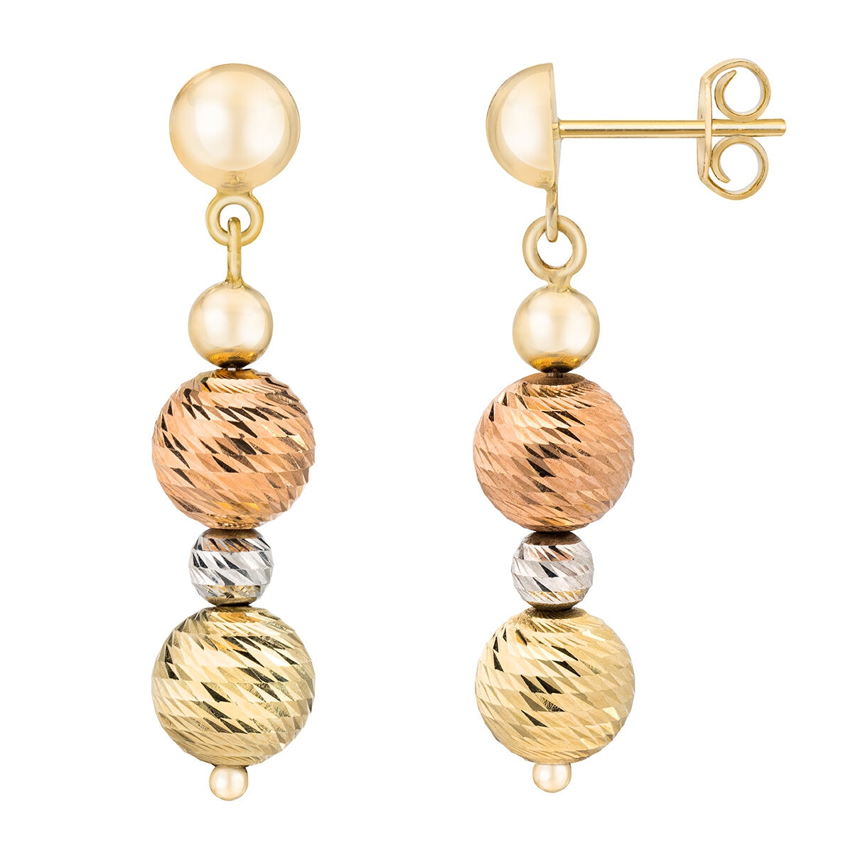 Aretes de Cuentas Multiples Colgantes, de Oro Tricolor de 14K