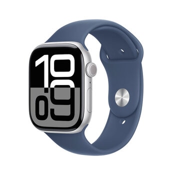 Apple Watch S10 (GPS) Caja de aluminio plata 46mm con correa deportiva azul denim M/L