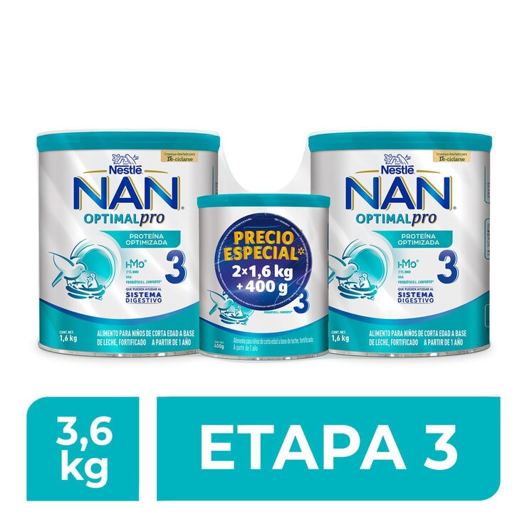 NAN 3 Optipro Etapa 3 2 latas de 1.6 Kg + 1 lata de 400 g NAN 3 Optipro Etapa 3 2 latas de 1.6 Kg + 1 lata de 400 g