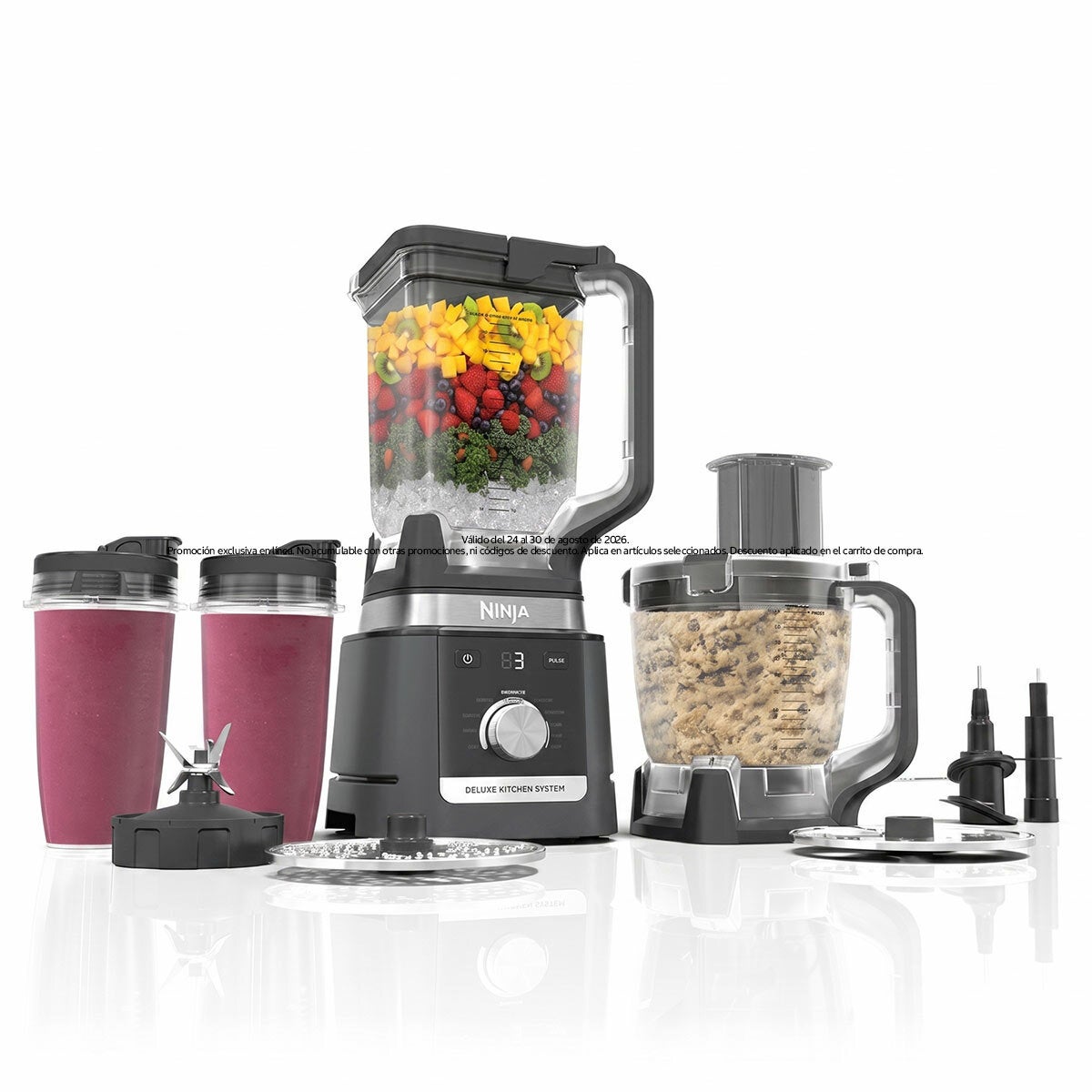 Ninja Deluxe, Sistema de Cocina con Jarra de 2.6 L, Procesador de 9 Tazas, 2 Discos de Rebanado/triturado, 2 Vasos de 700 ml Ninja Deluxe, Sistema de Cocina con Jarra de 2.6 L, Procesador de 9 Tazas, 2 Discos de Rebanado/triturado, 2 Vasos de 700 ml