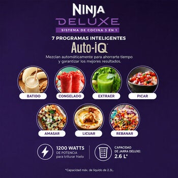 Ninja Deluxe, Sistema de Cocina con Jarra de 2.6 L, Procesador de 9 Tazas, 2 Discos de Rebanado/triturado, 2 Vasos de 700 ml Ninja Deluxe, Sistema de Cocina con Jarra de 2.6 L, Procesador de 9 Tazas, 2 Discos de Rebanado/triturado, 2 Vasos de 700 ml