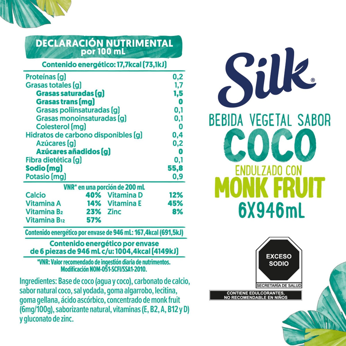 Silk Bebida de Coco Sin Azúcar Endulzada con Fruta del Monje 6 pzas de 946 ml