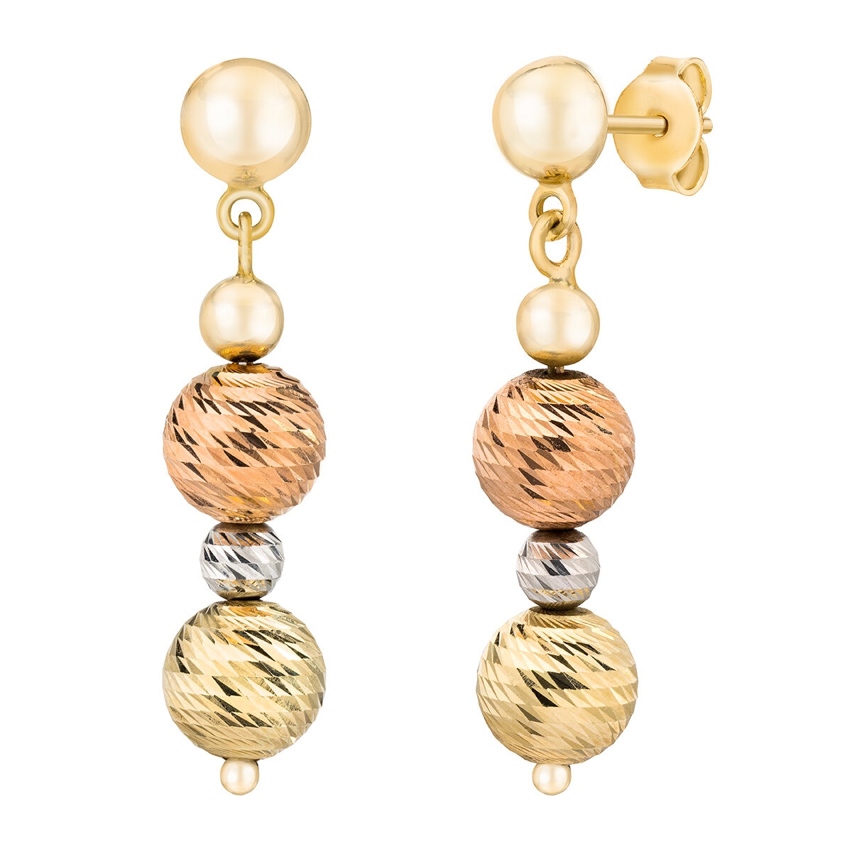 Aretes de Cuentas Multiples Colgantes, de Oro Tricolor de 14K