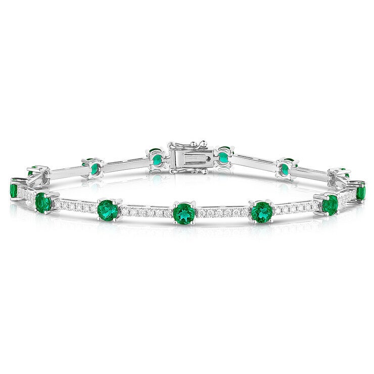 Pulsera de Esmeralda Creada y Diamantes .80ctw, Oro Blanco 14K Pulsera de Esmeralda Creada y Diamantes .80ctw, Oro Blanco 14K