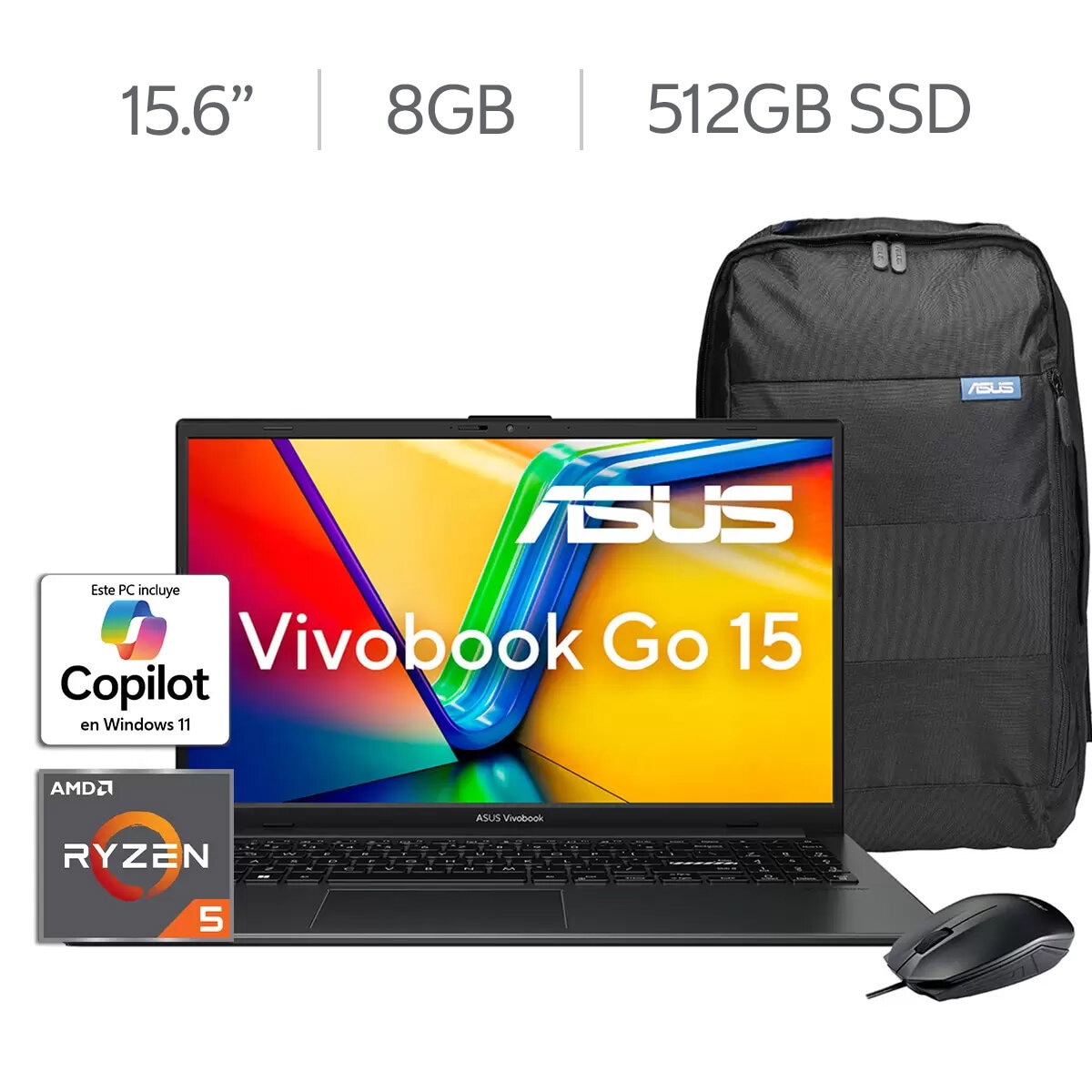 ASUS Vivobook Go Laptop 15.6" Full HD AMD Ryzen 5 8GB 512GB SSD + Mouse + Mochila ASUS Vivobook Go Laptop 15.6" Full HD AMD Ryzen 5 8GB 512GB SSD + Mouse + Mochila