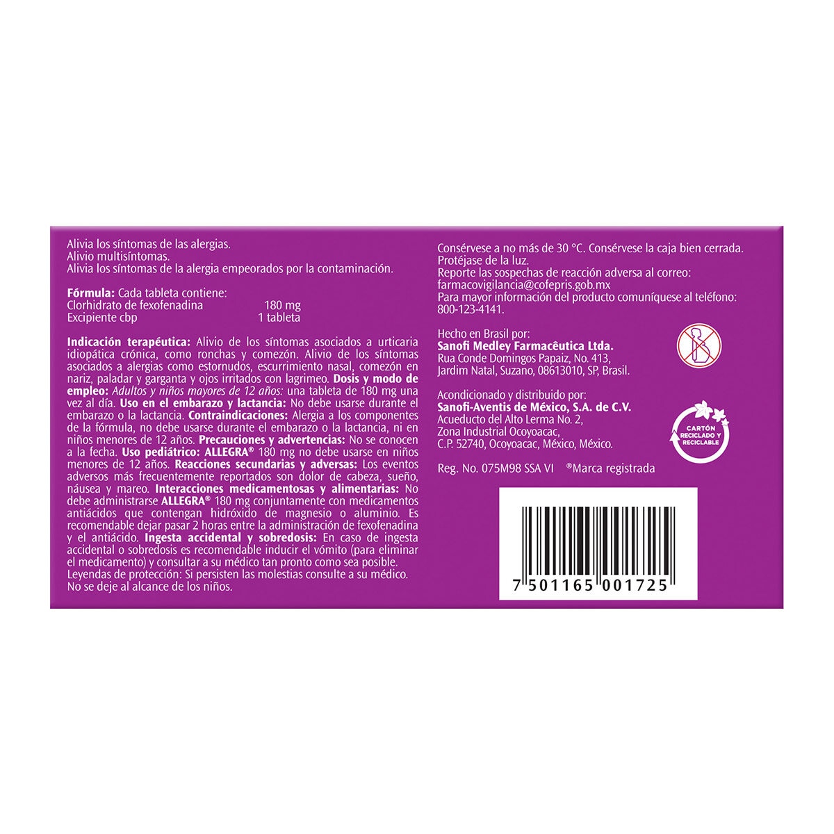 Allegra Tabletas 180mg 2 Cajas de 10 Tabletas c/u Allegra Tabletas 180mg 2 Cajas de 10 Tabletas c/u