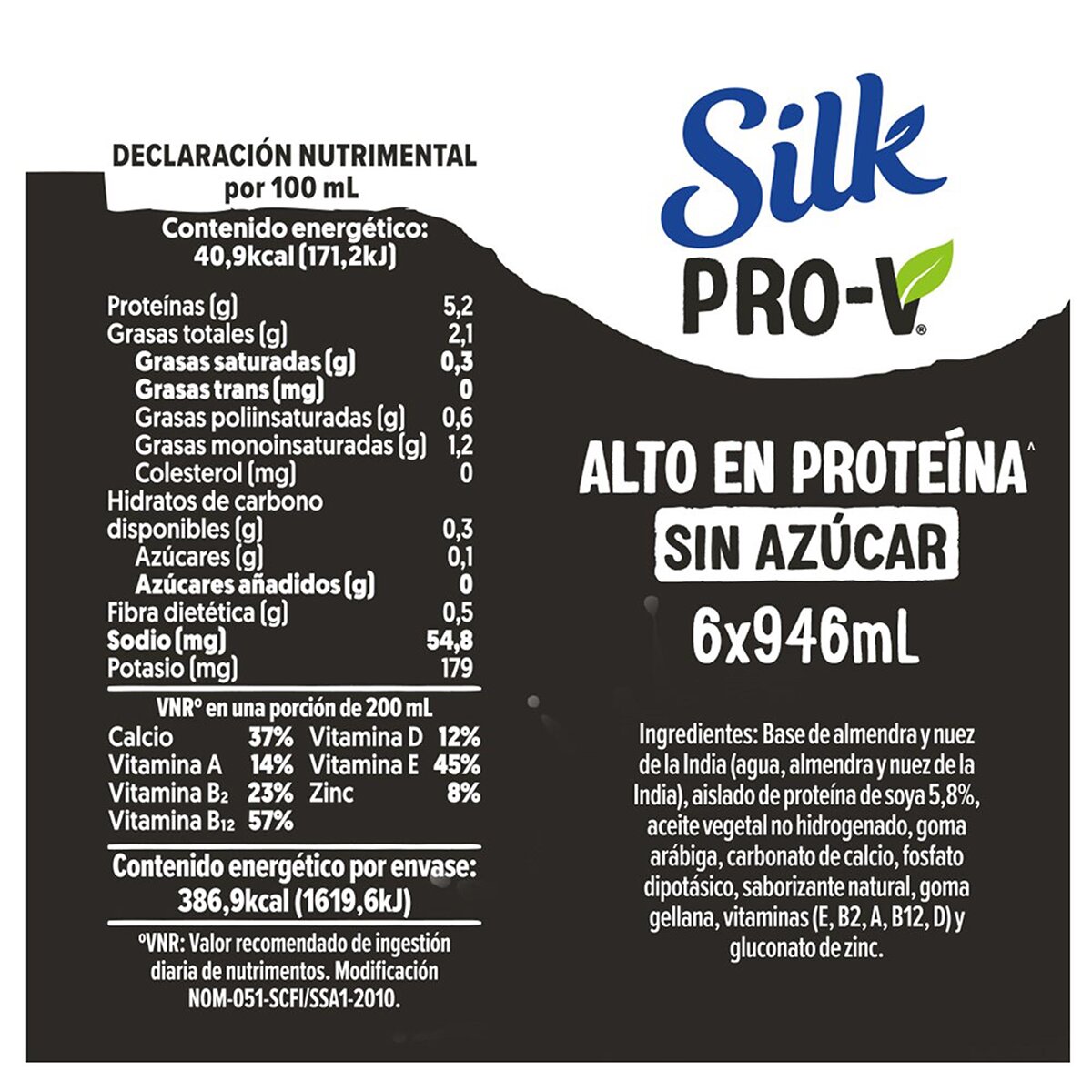 Silk Pro-V Bebida de Almendra Sin Azúcar 6 pzs de 946 ml