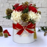 Bouquet Navidad, Caja Blanca Listón de Terciopelo Rojo/Dorado