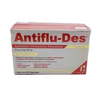 Antiflu-Des Amantadina 50mg, Clorfenamina 3mg, Paracetamol 300mg 2 Cajas de 24 Cápsulas c/u Antiflu-Des Amantadina 50mg, Clorfenamina 3mg, Paracetamol 300mg 2 Cajas de 24 Cápsulas c/u