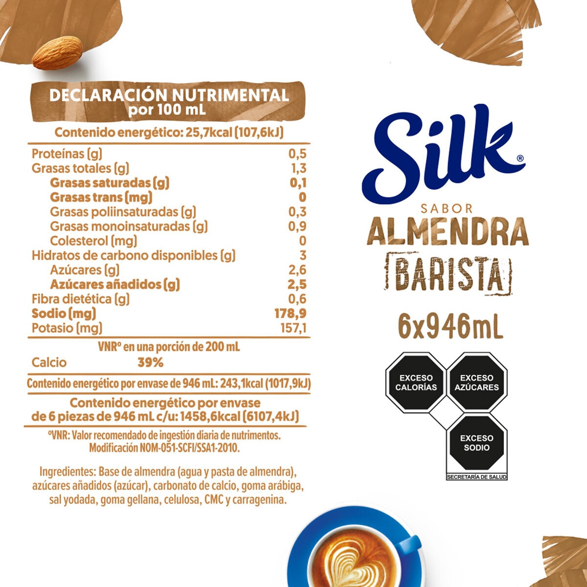 Silk Barista Bebida de Almendra 6 pzas de 946 ml