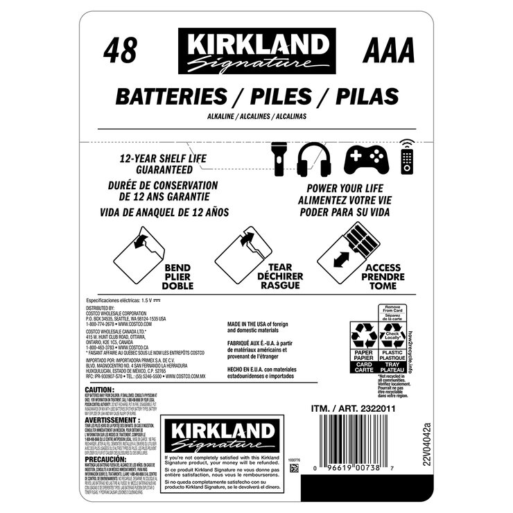 Kirkland Signature, Pilas Alcalinas AAA de 48 piezas Kirkland Signature, Pilas Alcalinas AAA de 48 piezas