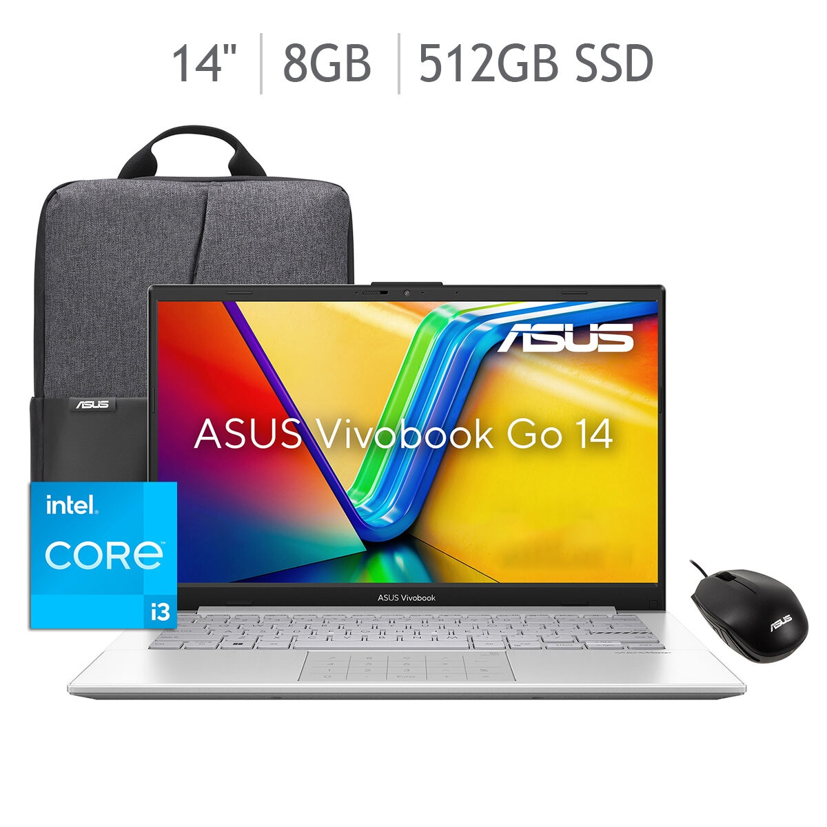 ASUS Vivobook Go 14 Laptop 14" Ful HD Intel Core i3 8GB 512GB SSD + Mochila + Mouse