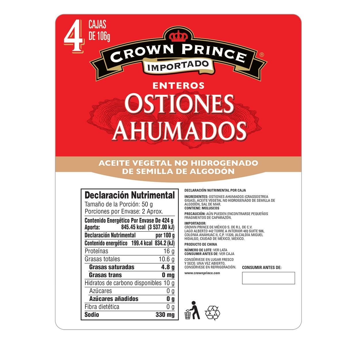 Crown Prince Ostiones Ahumados 4 pzs de 106 g