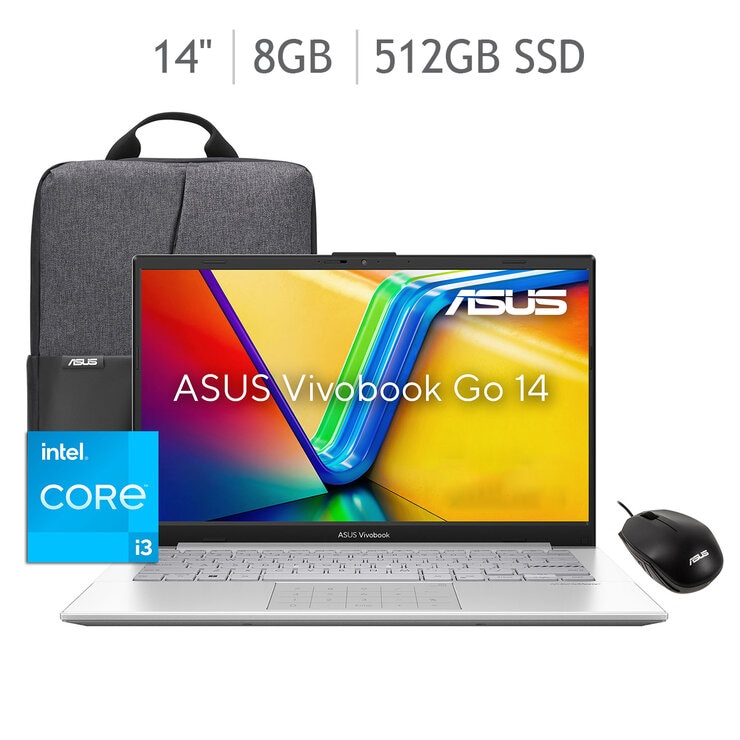 ASUS Vivobook Go 14 Laptop 14" Ful HD Intel Core i3 8GB 512GB SSD + Mochila + Mouse