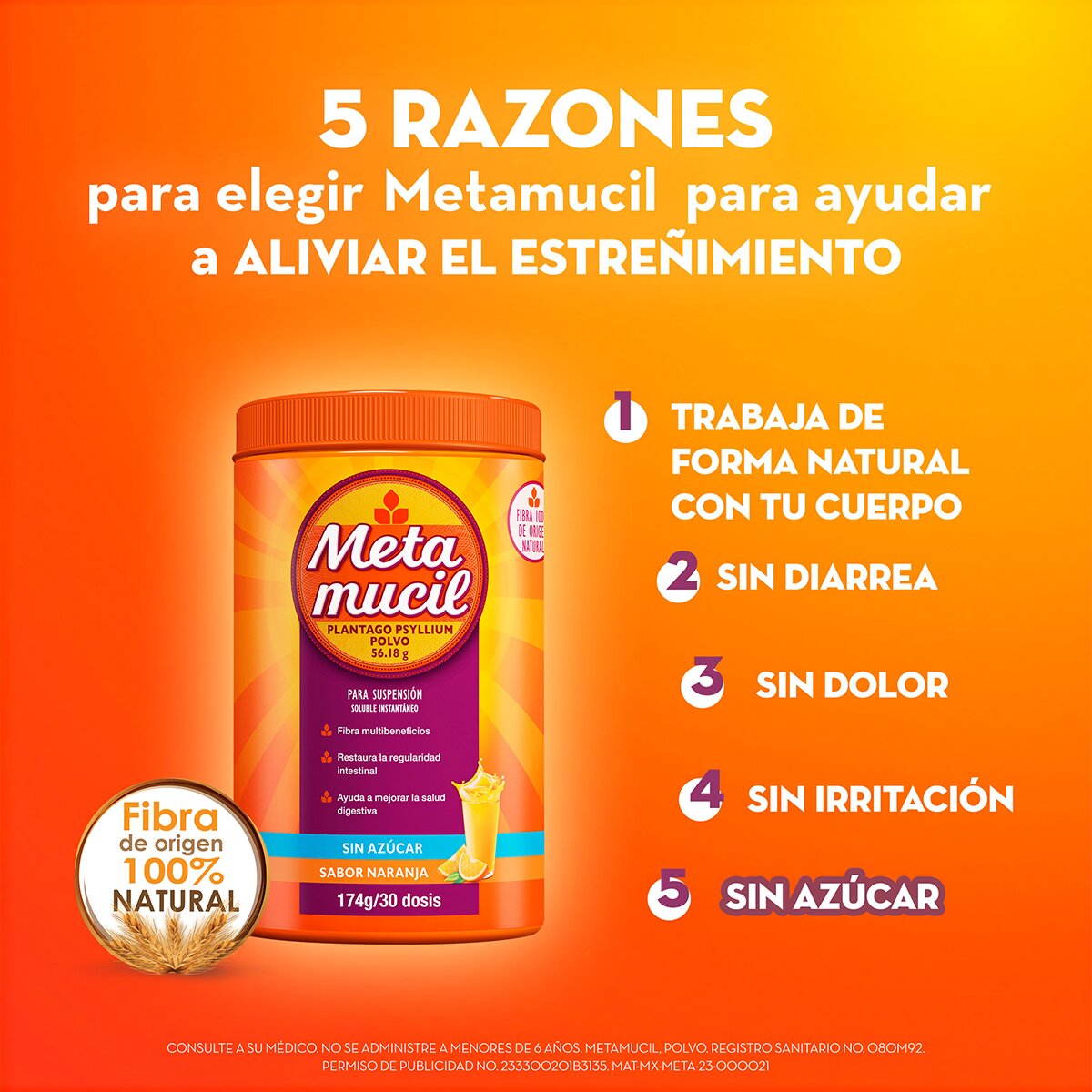 Metamucil Plantago Psyllium Sabor Naranja 660 gr.