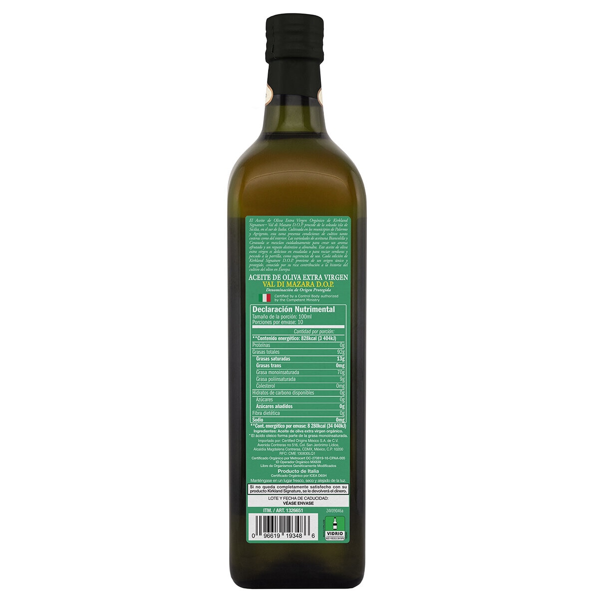 Kirkland Signature Aceite de Oliva Extravirgen Orgánico Val Di Mazara D.O.P 1 l