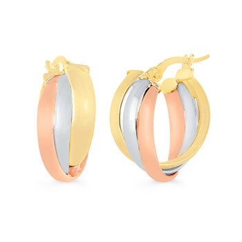 Aretes, Arracadas de Triple Fila, Oro Tres Tonos 14K Aretes, Arracadas de Triple Fila, Oro Tres Tonos 14K