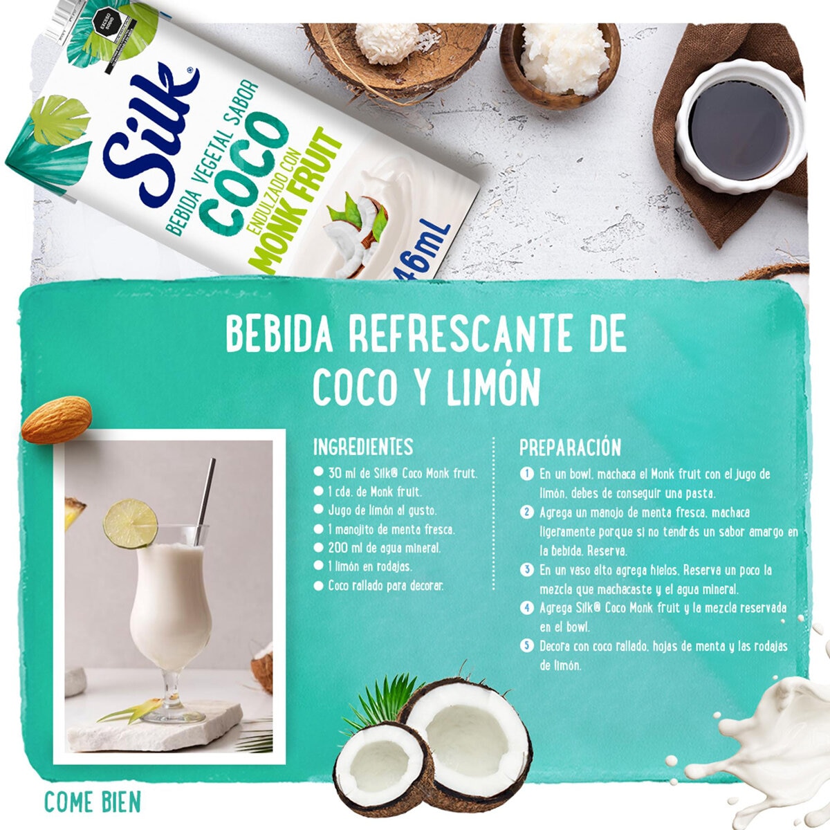 Silk Bebida de Coco Sin Azúcar Endulzada con Fruta del Monje 6 pzas de 946 ml
