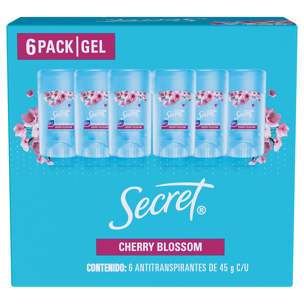 Antitranspirante Secret Cherry Blossom Gel Invisible 6 pzas de 45 g c/u