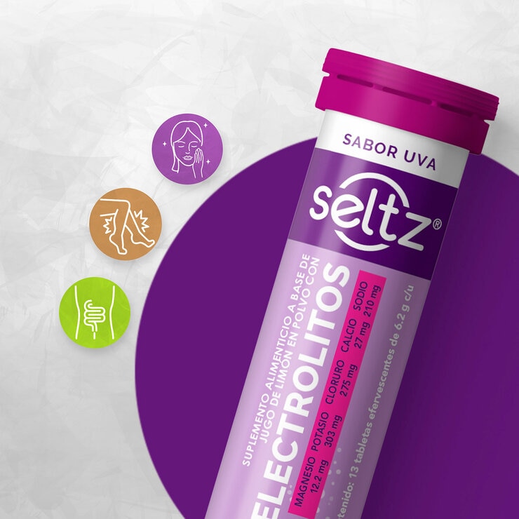 Seltz Electrolitos 3 Tubos de 13 Tabletas Efervescentes c/u Sabor Uva Seltz Electrolitos 3 Tubos de 13 Tabletas Efervescentes c/u Sabor Uva