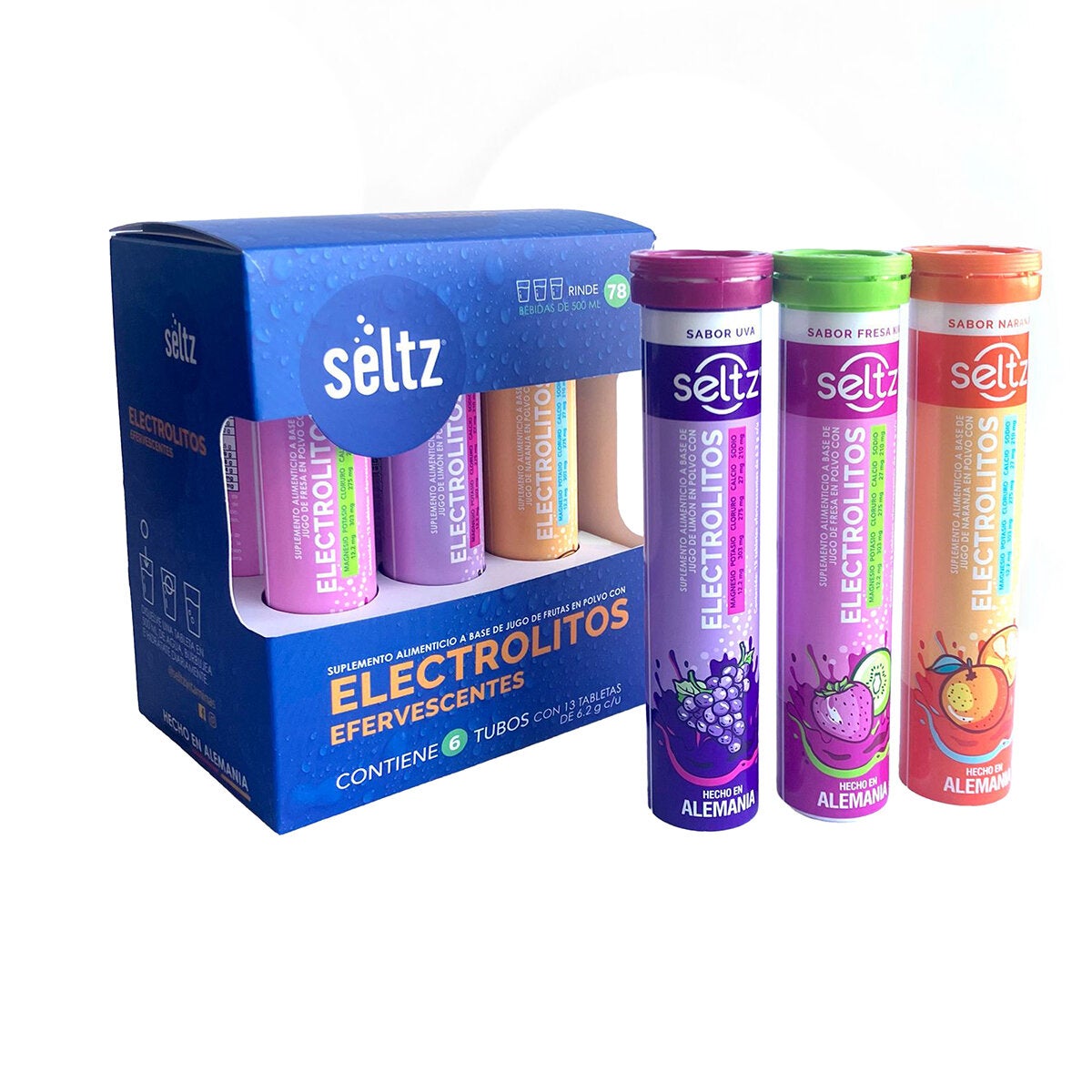 Seltz Electrolitos 6 Tubos de 13 Tabletas Efervescentes c/u Sabor Uva, Naranja y Fresa Seltz Electrolitos 6 Tubos de 13 Tabletas Efervescentes c/u Sabor Uva, Naranja y Fresa