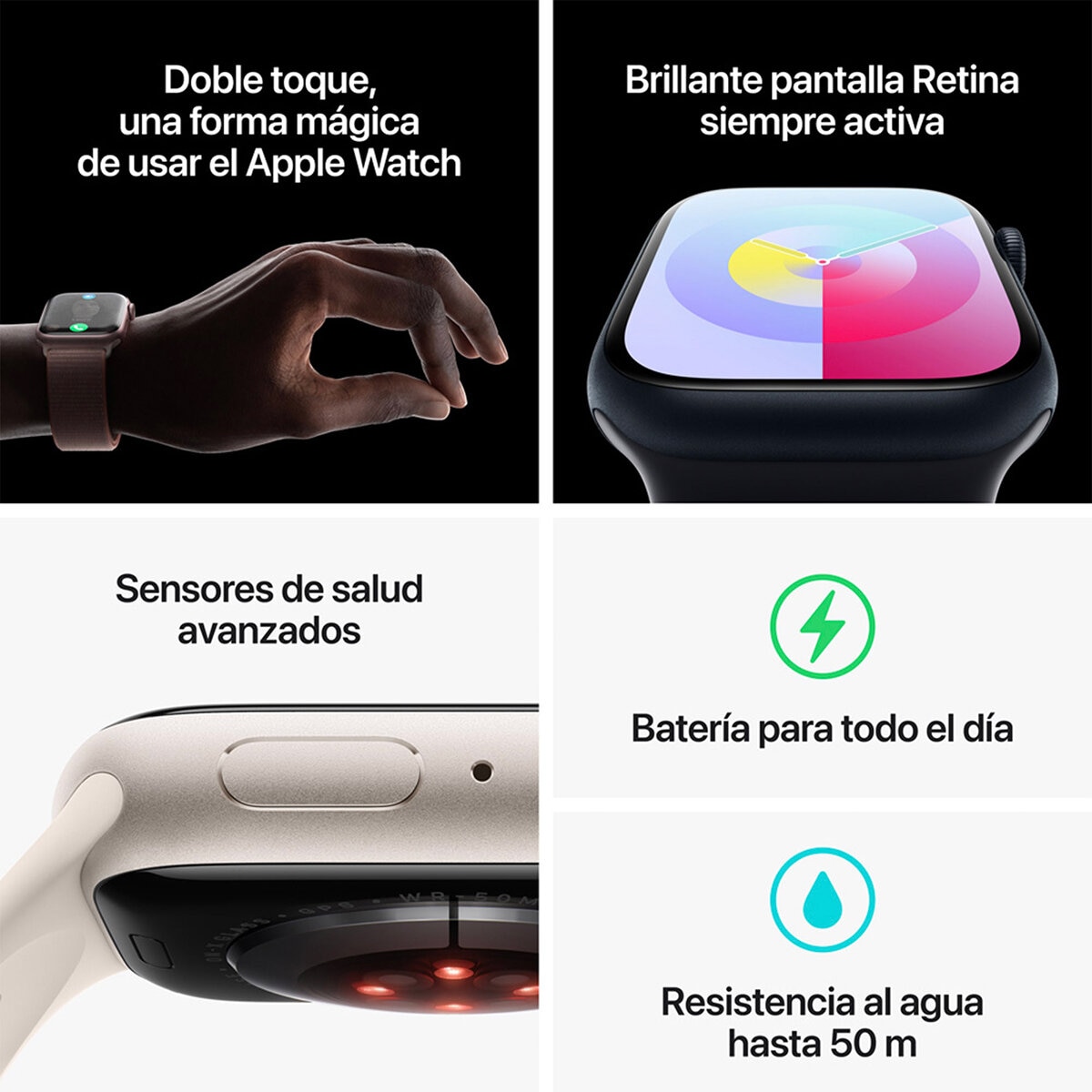 Apple Watch S9 (GPS) Caja de aluminio blanco estelar 45mm con correa deportiva blanco estelar