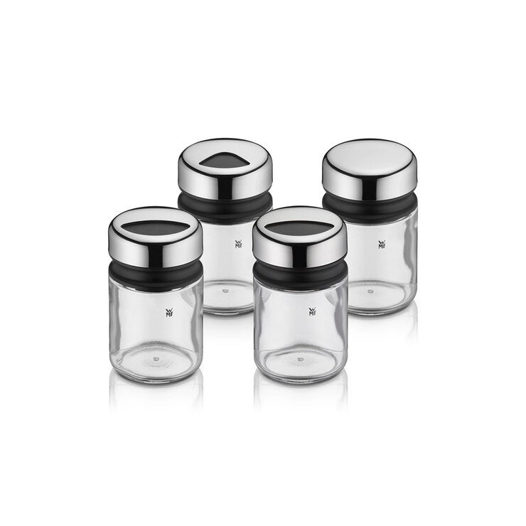 WMF Set de 4 Especieros de Vidrio con Tapa de Acero Inoxidable WMF Set de 4 Especieros de Vidrio con Tapa de Acero Inoxidable