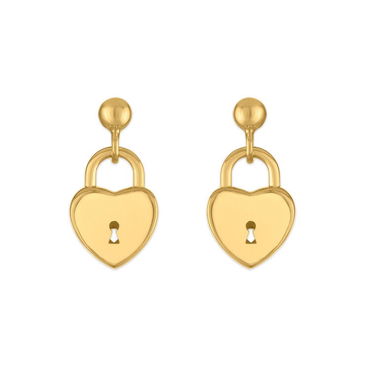 Aretes de Candado de Corazon, Oro Amarillo 14K Aretes de Candado de Corazon, Oro Amarillo 14K