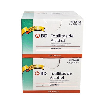 bd toallitas de alcohol 2 cajas de 100 piezas c/u