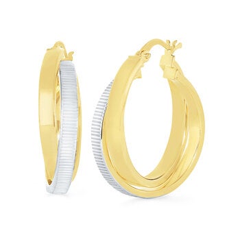 Aretes, Arracadas Doble Fila, Oro Dos Tonos 14K Aretes, Arracadas Doble Fila, Oro Dos Tonos 14K