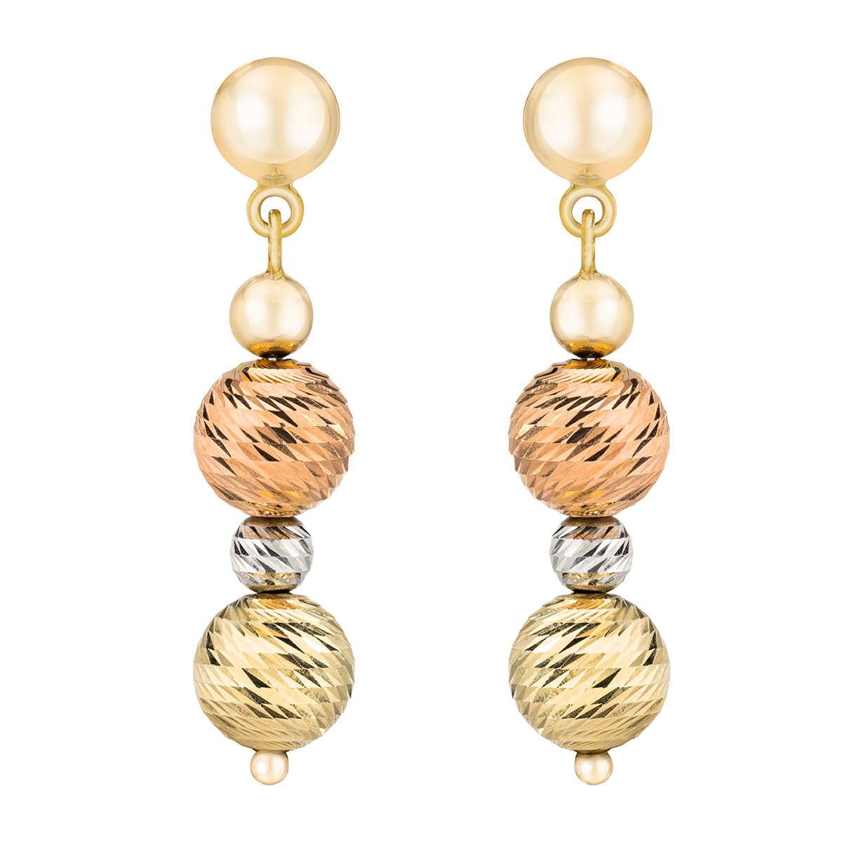 Aretes de Cuentas Multiples Colgantes, de Oro Tricolor de 14K