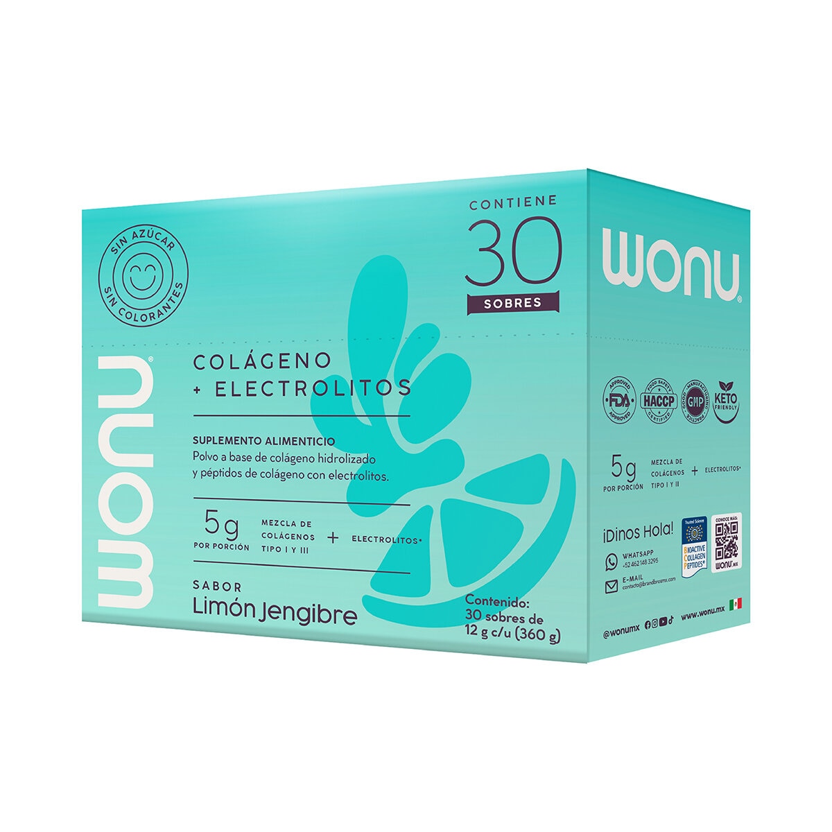 WONU Colágeno con Electrolitos en Polvo Sabor Limón-Jengibre 30 pzs de 12 gr WONU Colágeno con Electrolitos en Polvo Sabor Limón-Jengibre 30 pzs de 12 gr