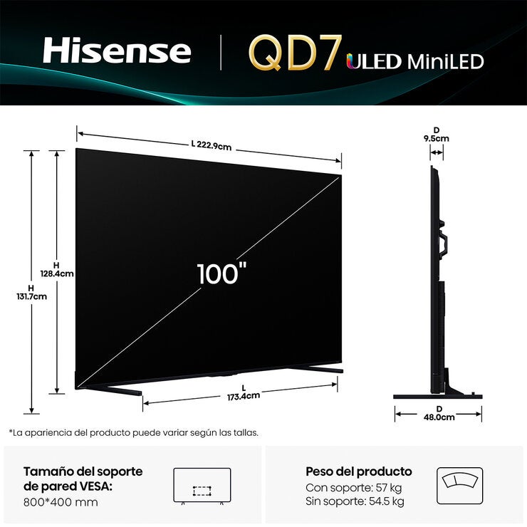 Hisense Pantalla 100" ULED MiniLed 4K Fire TV 100QD7QFM Hisense Pantalla 100" ULED MiniLed 4K Fire TV 100QD7QFM