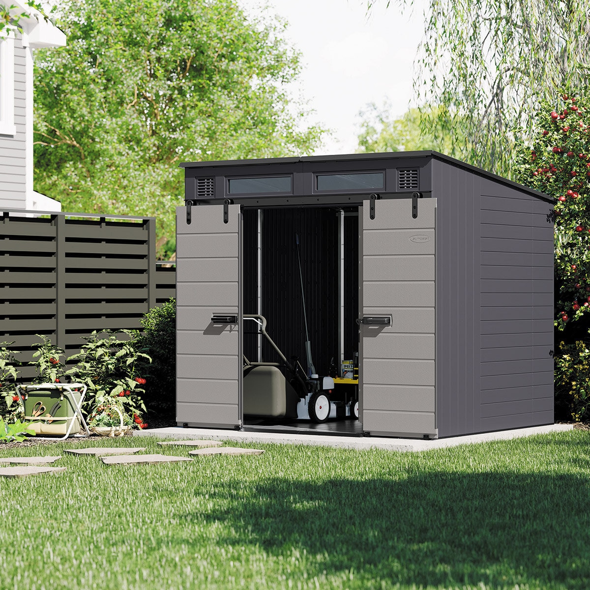 Suncast, Modernist Cobertizo de Almacenamiento de 2.4m x 2.1m con Puertas Corredizas Suncast, Modernist Cobertizo de Almacenamiento de 2.4m x 2.1m con Puertas Corredizas