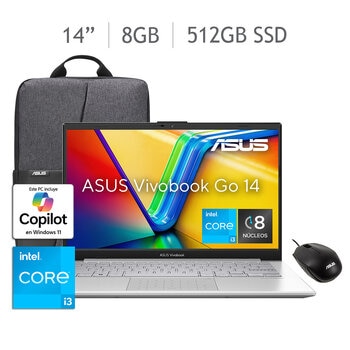 ASUS Vivobook Go 14 Laptop 14" Ful HD Intel Core i3 8GB 512GB SSD + Mochila + Mouse