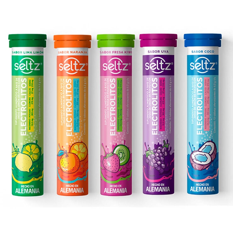 Seltz Electrolitos 5 Tubos con 13 Tabletas Efervescentes c/u Sabor Uva, Fresa, Limón, Naranja y Coco