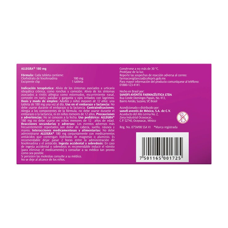 Allegra 180 mg 10 Tabletas Allegra 180 mg 10 Tabletas