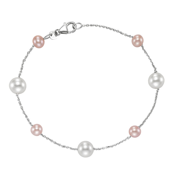 Pulsera de Perlas, Blancas y Rosas, 5-7.5mm, Oro Blanco de 14kt Pulsera de Perlas, Blancas y Rosas, 5-7.5mm, Oro Blanco de 14kt
