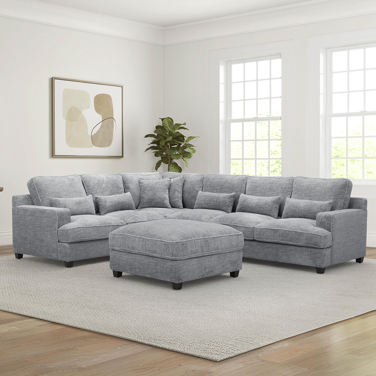 Aiden & Ivy, Seccional Fijo de Tela de 4 Piezas y Otomano Aiden & Ivy, Seccional Fijo de Tela de 4 Piezas y Otomano