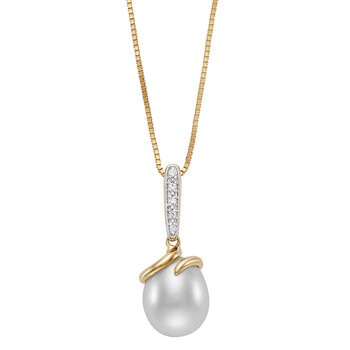 Dije de Perla Cultivada, 9-10mm, Con Diamantes .04ctw, Oro Dos Tonos de 14K Dije de Perla Cultivada, 9-10mm, Con Diamantes .04ctw, Oro Dos Tonos de 14K