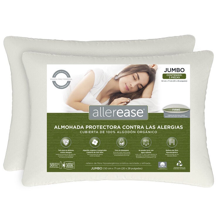 AllerEase, Juego de 2 Almohadas con Funda Organica, Tamaño Jumbo AllerEase, Juego de 2 Almohadas con Funda Organica, Tamaño Jumbo