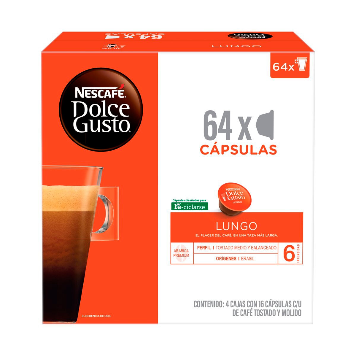 Nescafé Dolce Gusto, 64 cápsulas , sabor Lungo