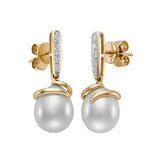 Aretes de Perlas Cultivadas, 9-10mm, con Diamantes .08ctw, Oro Dos Tonos de 14K Aretes de Perlas Cultivadas, 9-10mm, con Diamantes .08ctw, Oro Dos Tonos de 14K