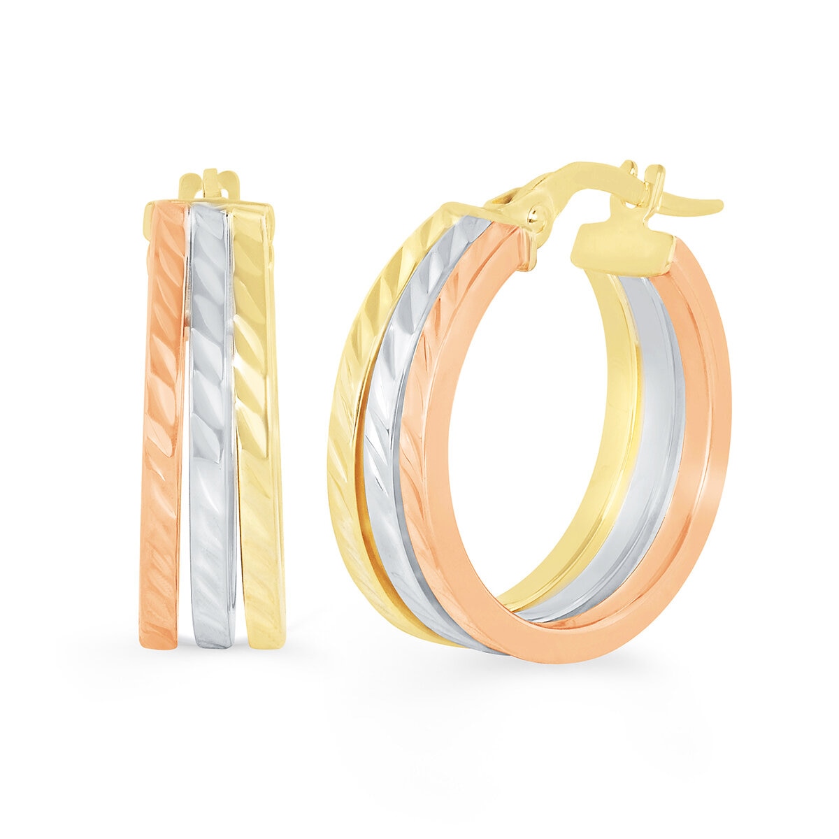 Aretes de Triple Fila, Oro Tricolor de 14K Aretes de Triple Fila, Oro Tricolor de 14K